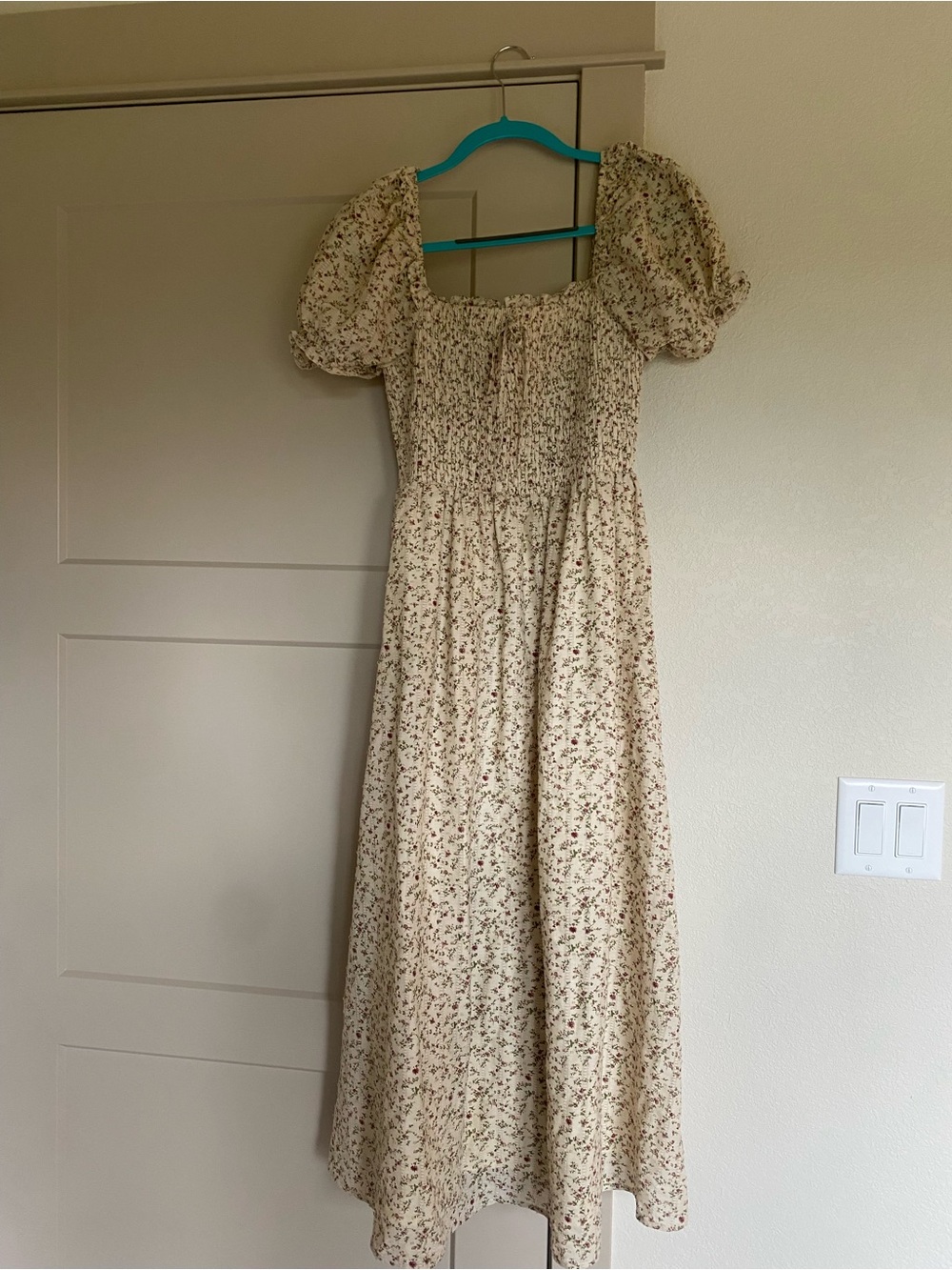 Cream Floral Maxi Dress with Smocked Bodice